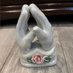 Ceramic Praying Hands Sculpture with Pink Rose